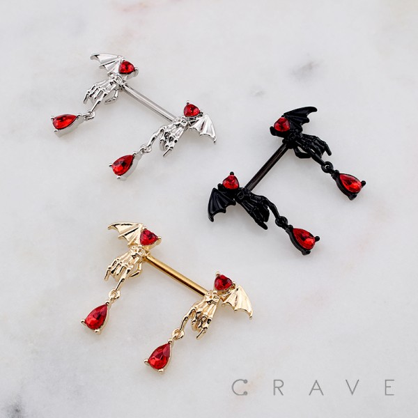 TEARDROP DANGLE BAT WING HAND CZ HEART 316L SURGICAL STEEL NIPPLE RING